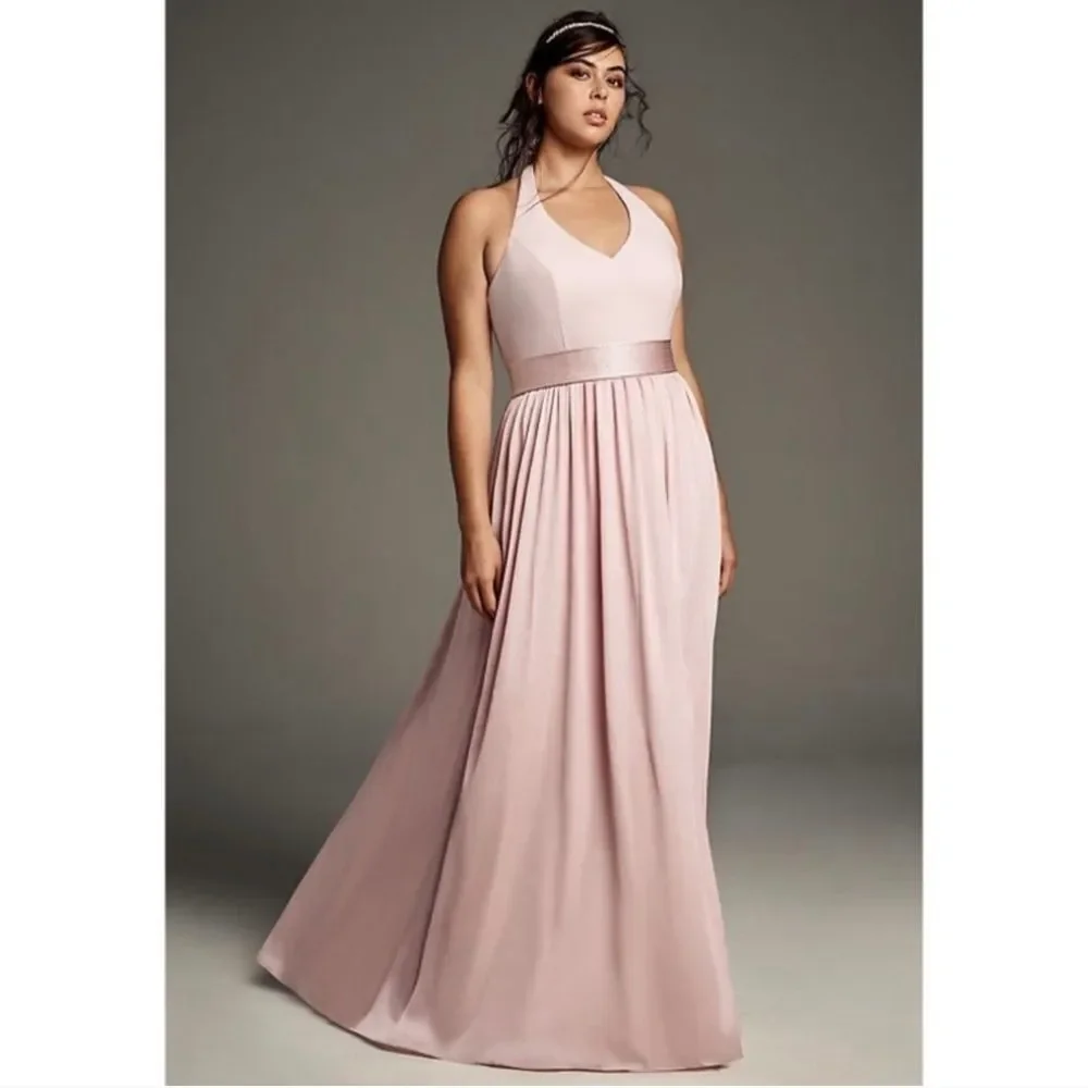 Vera Wang‎ White Blush Halter Satin Fit & Flare High Pocket Slit Maxi Gown 8